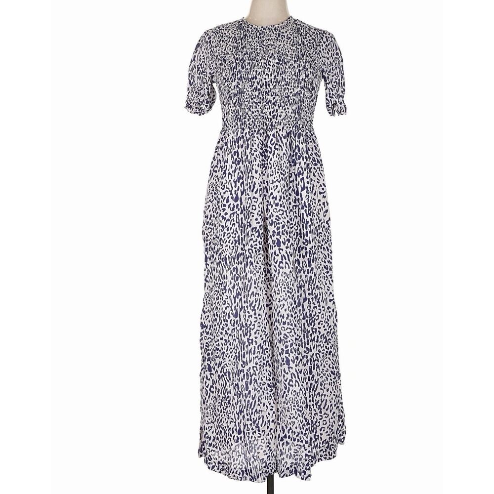 Baum und Pferdgarten Silk Blend Smocked Midi Dress Navy Leopard Print sz 12